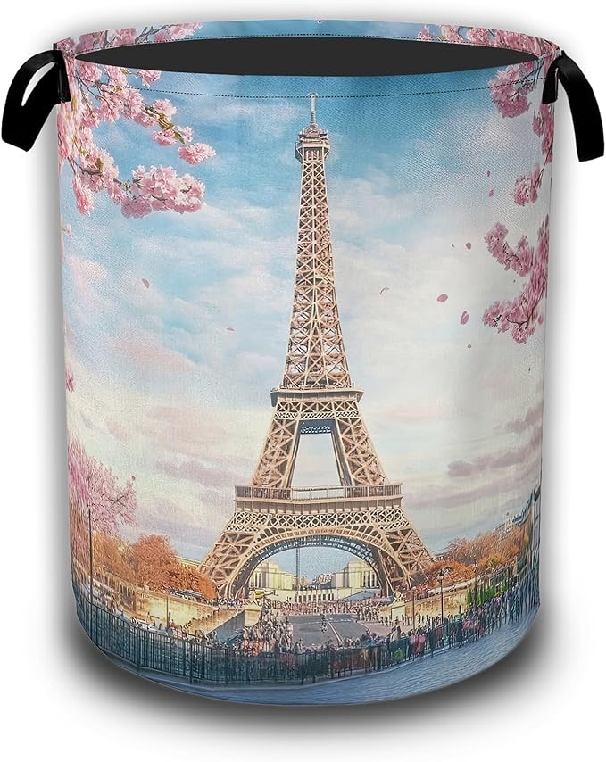 Eiffel Tower Laundry Basket,Cherry Blossom Laundry Hamper Waterproof Oxford Cloth Tote Collapsible,Clothes Storage Bucket Decorative Toy Organizer For Bathroom Bedroom 16" x 20.8"