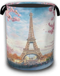 Eiffel Tower Laundry Basket,Cherry Blossom Laundry Hamper Waterproof Oxford Cloth Tote Collapsible,Clothes Storage Bucket Decorative Toy Organizer For Bathroom Bedroom 16" x 20.8"