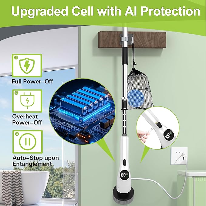 Wky G3 Electric Spin Scrubber - 10-in-1 Cordless Shower Scrubber & Cleaning Brush with Extendable Handle, 2 Speeds, IPX7 Waterproof Brush Heads, LED Display, Smart AI Chip,for Bathroom, Kitchen White