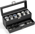 Vlando 6 Slots 2 Layers Watch Case for Men, Watch Box with Glass Lid, Lockable Watch Holder, Business Textured Leather Organizer Display Case, Soft Pillow, Gifts for Fathers, Dad, Husband - Black