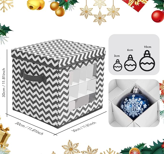 Christmas Ornament Storage Box, Christmas Storage Containers with Lid for 83pcs 3cm-10cm Ornaments Decoration Balls, 30x30x30 cm Non-woven Fabric Holiday Box for Ornament Organizer Xmas Decor