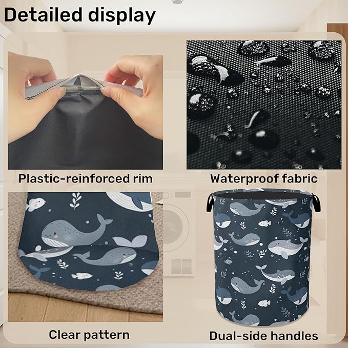 Cute Whale Marine Animals Foldable Canvas Laundry Basket with Handles - Toy Organizer, Heavy Duty for Home，Bedroom, Dorm, Bathroom