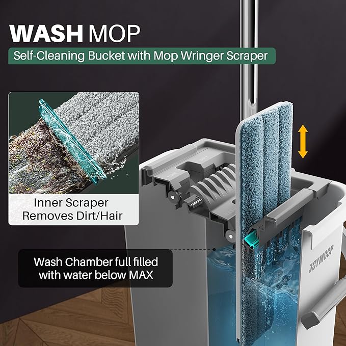 JOYMOOP Mop and Bucket with Wringer Set, Flat Squeeze Mop Flat Head, Dust Mops for Wall Cleaner with Long Handle, Hands-Free Microfiber Mops for Floor Cleaning - White