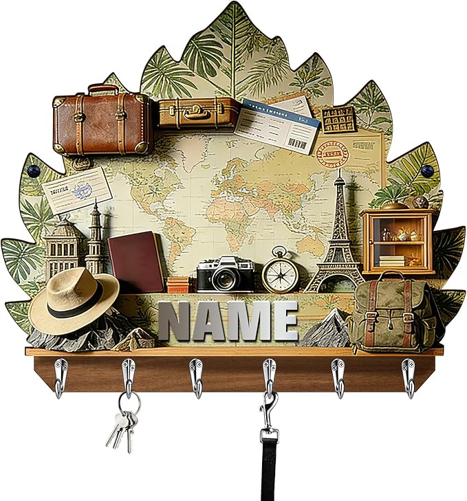 Personalized 2D Flat Print World Travel Themed Mounted Hooks for Men Women Family Friends Lovers Custom Name World Map Key Storage Holder Travel Coat Rack Home Decor Gift for Living Room Hallway