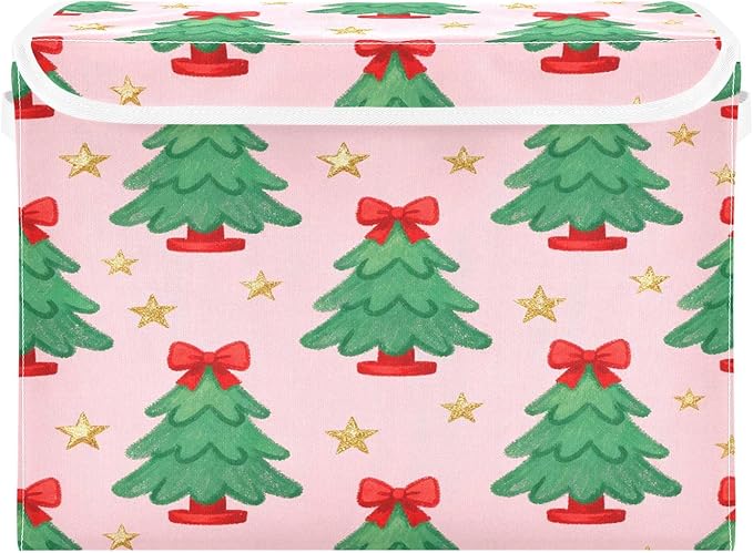 Christmas Tree Bow Stars Storage Bins with Lids Foldable Storage Basket with Handles Collapsible Large Fabric Organizer Containers for Clothes Shelves Closet Office Home