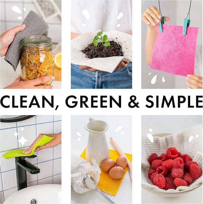 SUPERSCANDI 6 Pack Swedish Dishcloths for Kitchen - 100% Biodegradable & Compostable Reusable Paper Towels Washable, Food-Safe & Without Plastic - Dish Rags for Any Surface, Pink, Yellow, White