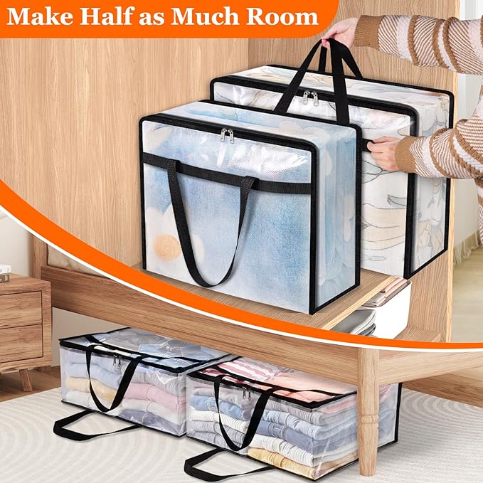 6 Pack Clear Storage Bags for Comforter, Clothes & Bedding, Plastic Blanket Storage with Zipper and Handle, Moving Bags, Closet Organizer and Under-Bed Storage (90L)