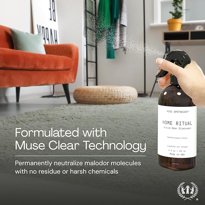 Muse Apothecary Home Ritual Active Odor Eliminator Spray - Furniture Deodorizer Spray & Bathroom Odor Eliminator for Home - Essential Oil Air Freshener - 8oz, Lavender Fields
