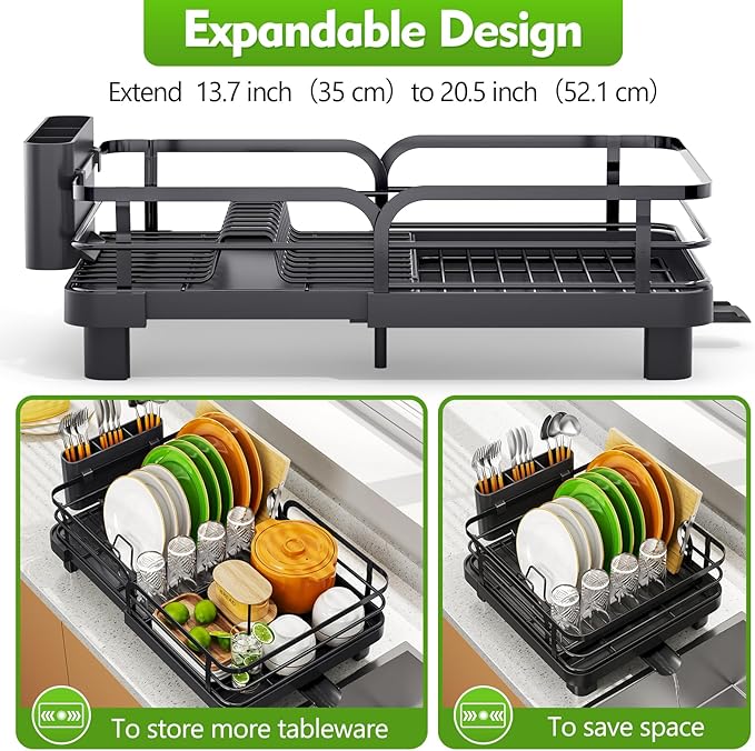 TOOLF Expandable Dish Rack, Dish Drying Rack for Kitchen Counter, Foldable Dish Dryer Rack, Stainless Steel Dish Drainer Racks with Cutlery Holder, Collapsible Dish Drying Racks Standard Size,Black