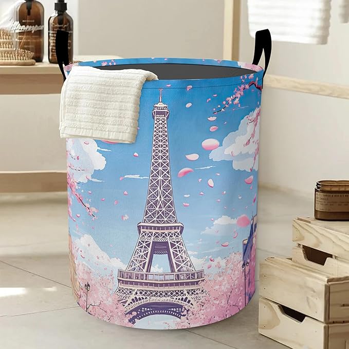 Romantic Eiffel Tower Laundry Basket, Cherry Blossoms Oxford Cloth Laundry Hamper With Handle Foldable Portable Clothes Storage Basket Storage Bag For Laundry Room/Bathroom/Bedroom/Dormitories