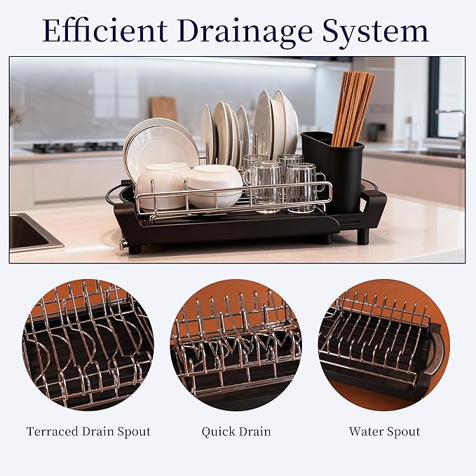PINCHENG Dish Drying Rack Compact Expandable Double-Decker: Stainless, Rust-Proof, fits Kitchens/Apartments, extends 11.42"-19.9" (Black).