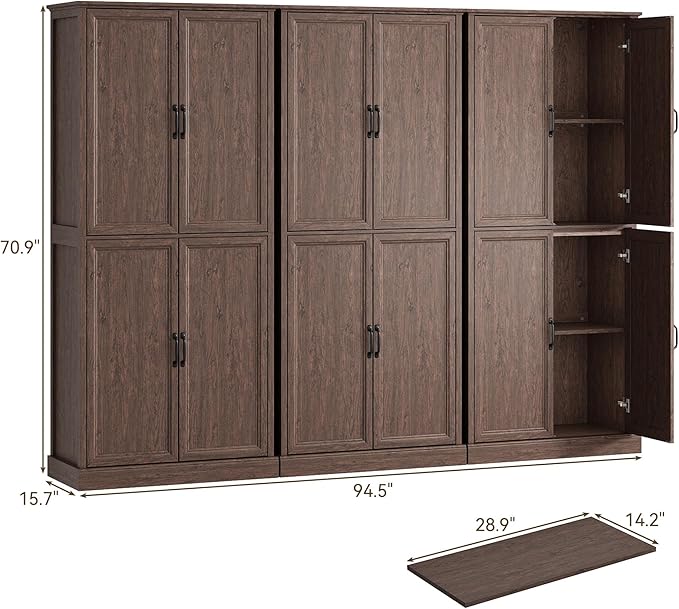 71'' Tall Pantry Cabinet Set of 3, Farmhouse Kitchen Pantry Storage Cabinet with Barn Door and Adjustable Shelves, Rustic Wood Freestanding Cupboard for Kitchen, Dining Room, Brown