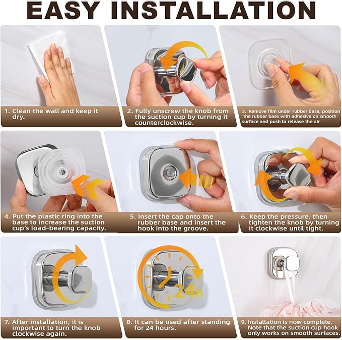 Suction Cup Hooks for Shower Heavy Duty No-Drill– Reusable Multi-Purpose Hooks Adheres to Glass, Mirrors, Tiles & Smooth Surfaces for Towels, Robes, Loofah& Body Sponge (2, Chrome Polished)