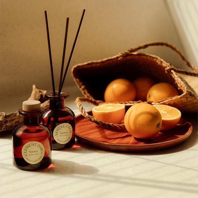 Soréva Orange Reed Diffuser Set, Plant-Based Oil with Jasmine & Sandalwood, Long-Lasting Luxury Home Fragrance for Bathroom & Office Shelf Decor, Uplifting Aromatherapy Gift Set, 7 Sticks, 4.39 fl oz