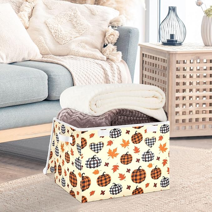 Bolaz Storage Bins with Lids and Handles,Pumpkin Maple Leaf Pattern Storage Box Basket with Cover Collapsible Organizer Containers for Home Closet, Shelves
