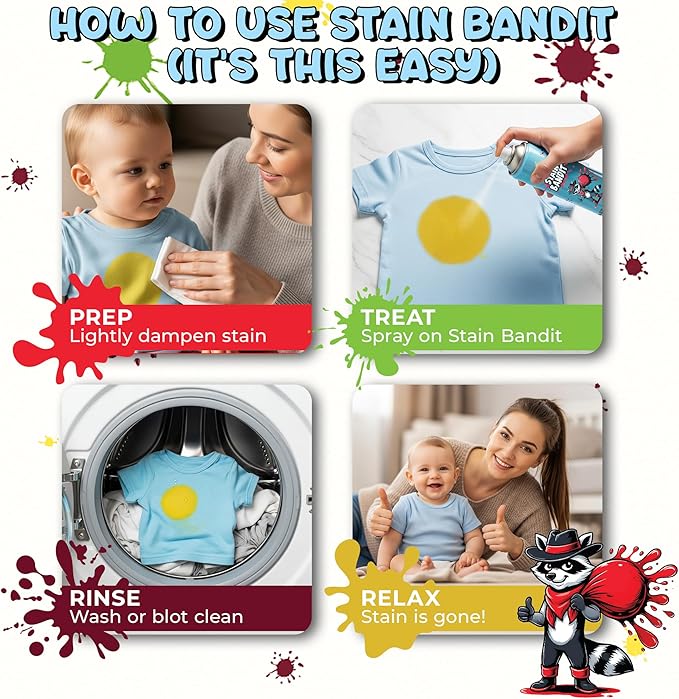 Stain Bandit Stain Remover Spray - Non-Toxic, Family Safe Formula - Bag-On-Valve 360 Continuous Spray - Powerful Natural Cleaner for Clothes, Upholstery, Carpet, Car Seats & More - 15oz