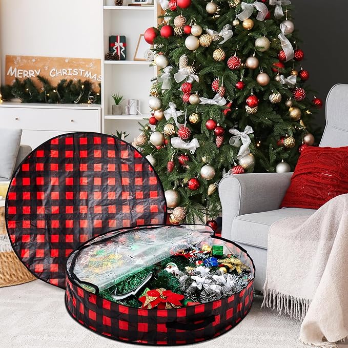 Aliceset 4 Pack Wreath Storage Containers, Christmas Ornament Garland Wreath Storage Bags with Handle Dual Zipper Large Decorative Storages Box for Winter Wreaths(36 x 36 x 7.8 Inch,Red Black Plaid)