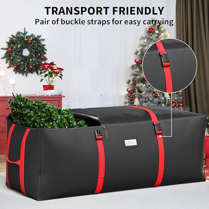 Christmas Tree Storage Bag, Fits Up to 9 Ft Artificial Christmas Tree with Buckle Straps & Dual Zippers & Handles, 600D PVC Durable Waterproof Material Protects from Dust (Black)
