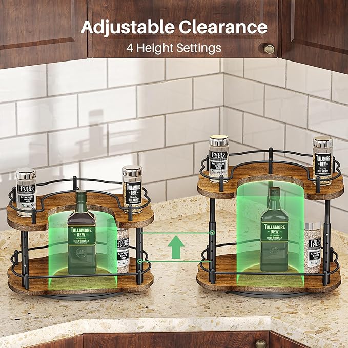 Lazy Susan Organizer Spice Rack - Spice Organization for Cabinet Height Adjustable Rotating Lazy Turntable, Pantry Kitchen Wood Revolving Seasoning Organizer (12 Inch)