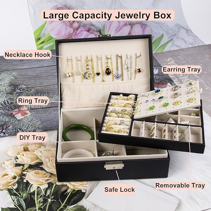 SYCARON Jewelry Box Organizer for Women, Jewelry Organizers 2 Layer Jewelry Storage Box PU Leather with Lock for Women Girls Rings Earrings Necklace Bracelets, Black