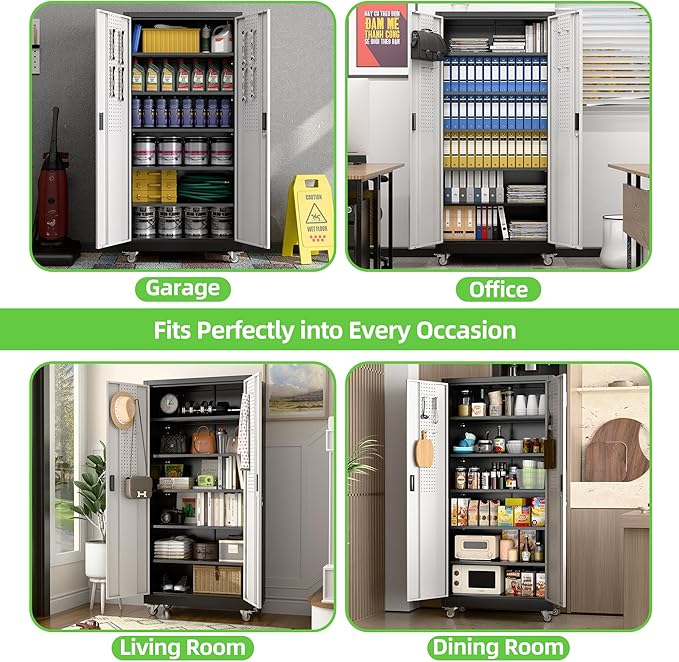 71" H×34" W×18" D Garage Storage Cabinet with Wheels, Lockable Metal Storage Cabinet with 5 Adjustable Shelves for Garage Warehouse Office Utility Room,Required Assembly,Black and Silver