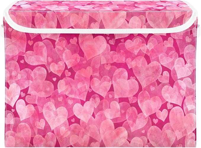 Bolaz Storage Bins with Lids and Handles,Valentines Day Pink Hearts Storage Box Storage Basket with Cover Collapsible Organizer Containers for Home Closet, Shelves