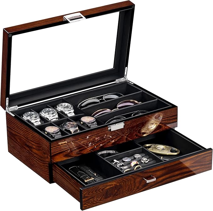 BEWISHOME Men’s Jewelry Box Organizer with Watch Box, 6-Slot Watch Box & Sunglasses Organizer with Drawer, PU Leather Interior, Solid Wooden Watch Case Display with Large Clear Glass Lid, Gift Idea