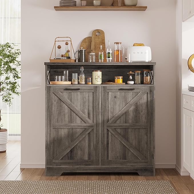 Tilt Out Trash Can Cabinet for 13 * 1 Gallon Trash Can, Farmhouse Kitchen Island Cabinet with Adjustable Shelf for Hidden Laundry Basket, Dog Proof Garbage Can for Dining Living Room, Grey