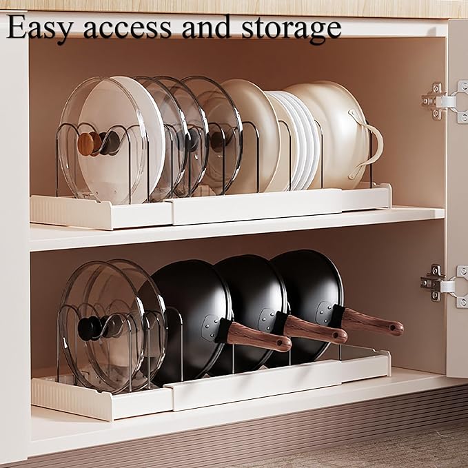 LICRUGU Pots and Pans Organizer Under Cabinet 10 Adjustable Dividers Expandable Pot Pan Lid Holder Organizers Rack inside Cabinet for Kitchen Storage Cookware, Cutting Boards, Lid, Dishes,White