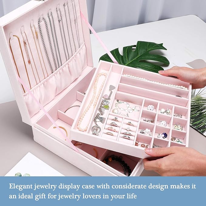 ProCase Velvet Jewelry Box Organizer for Women, 2 Layer Jewelry Display Storage Holder Case for Necklace Earrings Bracelets Rings -Pink