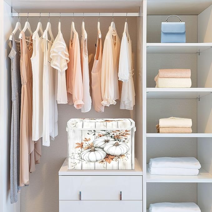 Bolaz Storage Bins with Lids and Handles,White Pumpkin Wood Storage Box Basket with Cover Collapsible Organizer Containers for Home Closet, Shelves