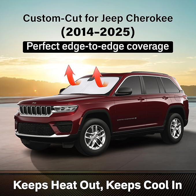 EcoNour Windshield Sun Shade Compatible for Jeep Cherokee 2014–2025 | SUV Front Window Sunshade | Foldable 4-Layer Sun Visor Protector | Blocks UV Rays & Reduces Interior Heat