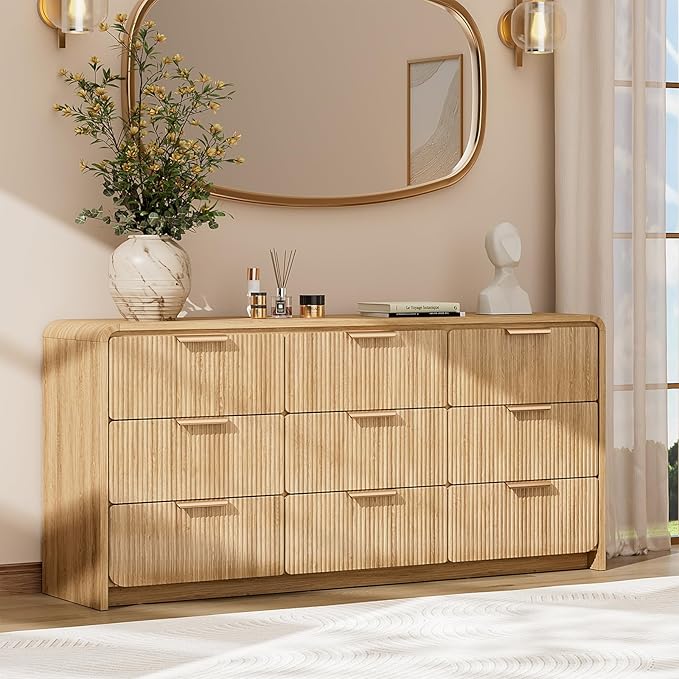 Fluted 9 Drawer Dresser for Bedroom, 57" Wide Chest of Drawers, Curved Profile Design, Wooden Dresser TV Stand for Living Room, Hallway, Natural Oak
