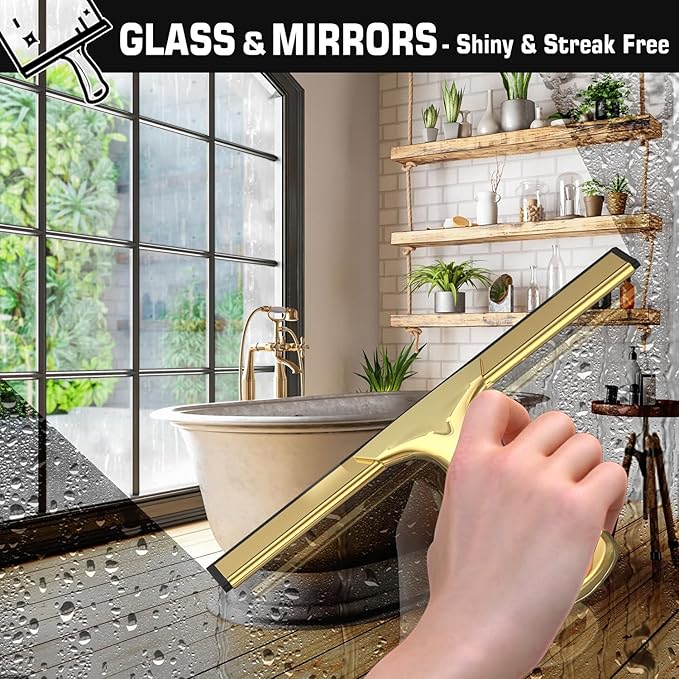 OVSGTTZ All-Purpose Shower Squeegee for Shower Glass Doors with 2 Adhesive Hook, Stainless Steel Squeegee for Bathroom, Household Window, Mirrors, Tiles and Car Windows 10 Inches, Clear, Golden