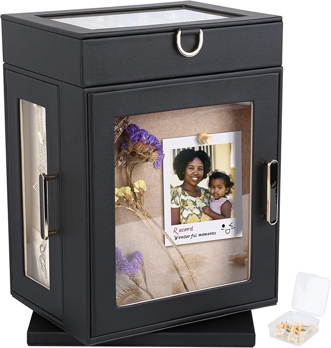Kendal 360° Rotating Jewelry Box - Black PU Leather Jewelry Organizer with Shadow Box & Pinboard, Detachable Top Tray, Drawers & Push Pins for Personalized Accessory Display & Storage