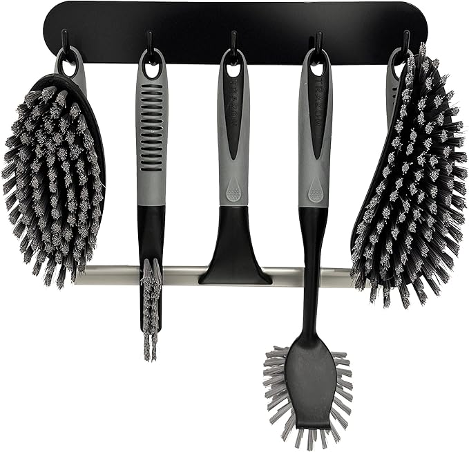 Scrub Brush Set of 6 pcs - Cleaning Shower Scrubbers with Squeegee for Shower Glass and Adhesive Wall Hooks Including Grout Cleaner Brush, Scrub Brushes for Cleaning Bathroom, Shower, Tile, Bathtub