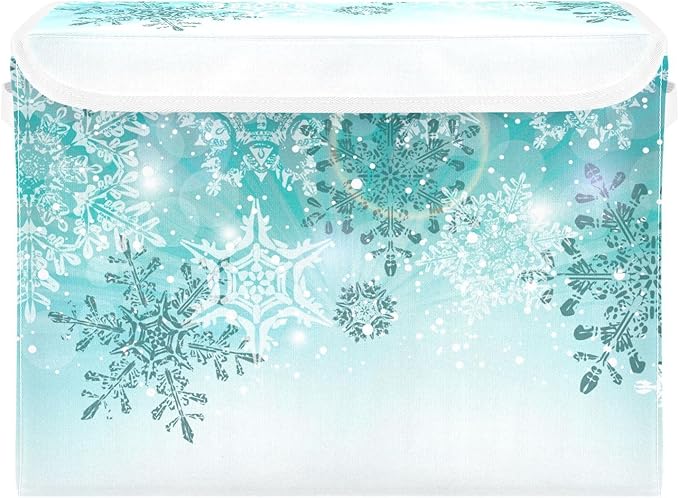 Senya Collapsible Storage Bins with Lids, Silver Winter Teal Turquoise Snowflakes Christmas Storage Boxes Clothes Baskets for Organizing