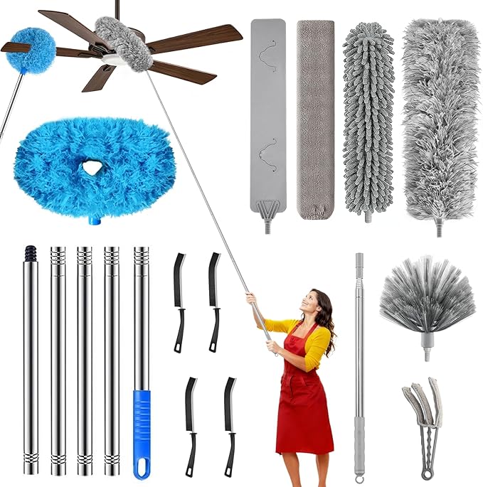 MimAuto 11-in-1 100-Inch Extendable Duster Kit – Reusable Blue Fan Duster, Cobweb Brush Flat Gap Cleaner (No Ladder Needed) for High Ceilings, Fans & Home Cleaning