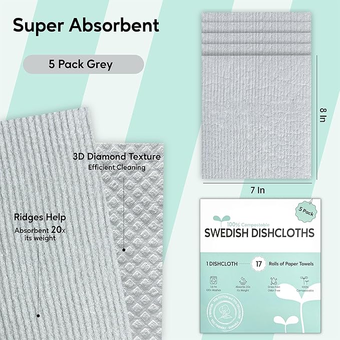 Auggee Swedish Dishcloths for Kitchen, 5 Pack Swedish Dish Cloths, Ultra Absorbent Reusable Paper Towels, Cellulose Sponge Cloths, Quick Drying, No Odor, Dishwasher Safe Grey