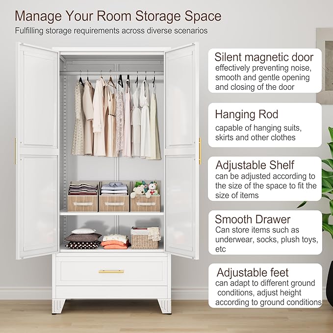 71" H Metal Tall Armoire Wardrobe Closet with Drawer,Household Steel Wardrobe Closet Cabinet with Drawers,Clothing Storage Wardrobe Cabinet with Adjustable Shelves and Hanging Rod for Bedroom