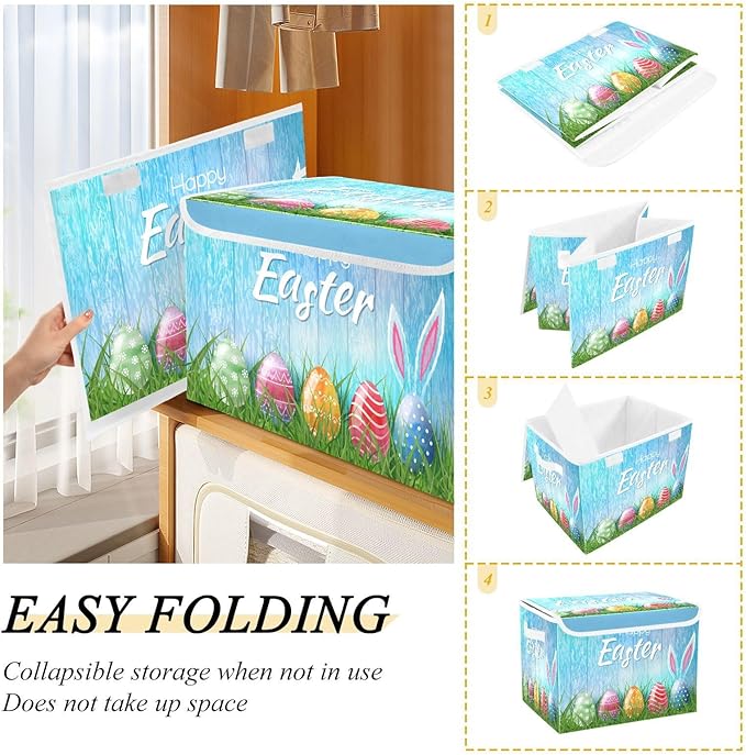 Easter Baskets Collapsible Storage Bins with Lids, Happy Easter Bunny Eggs Storage Boxes Clothes Baskets for Organizing