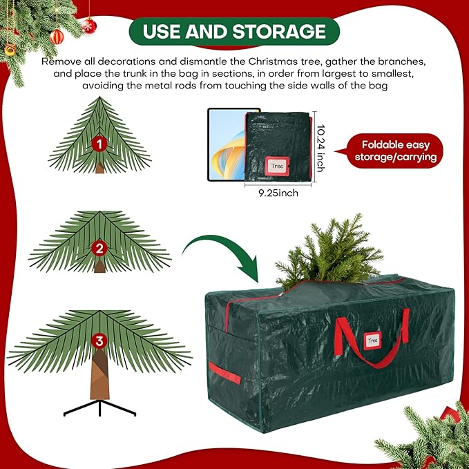 Christmas Tree Storage Bag, For 7.5ft Disassembled Xmas Tree, Heavy Duty Christmas Tree Storage Bag with Sturdy Handles, Tag Card Slot, Zipper, Dust-Resistant and Water-Resistant（Green）