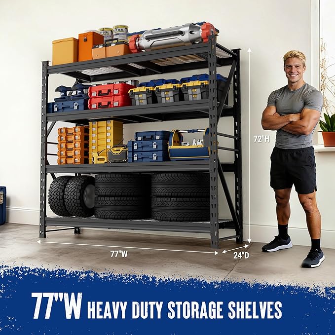 WORKPRO 77" Extra-Width Garage Shelving Units, 6400LBS Heavy Duty Utility Shelves, 4 Tier Industrial Adjustable Metal Storage Rack for Warehouse Shop Basement Organizers, 77”W x 24”D x 72”H