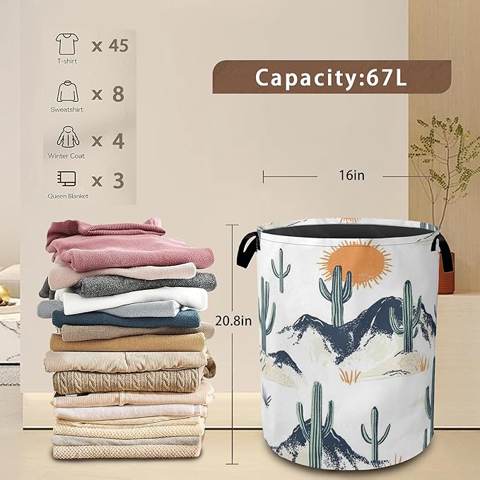 Laundry Basket,Western Tropical Cactus Collapsible Laundry Baskets,Sun Waterproof Oxford Hamper with Handles for Bathroom Bedroom Nursery Home Storage 16"x20"