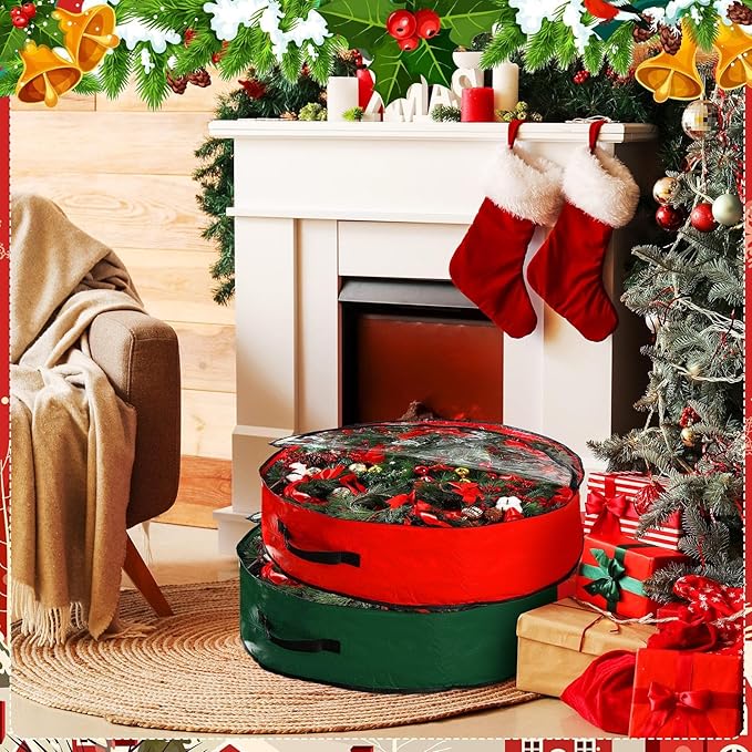 Aliceset 4 Pack Wreath Storage Containers, Christmas Ornament Garland Wreath Storage Bags with Handle Dual Zipper Large Decorative Storages Box for Winter Wreaths(24 x 24 x 7.8 Inch,Red, Green)