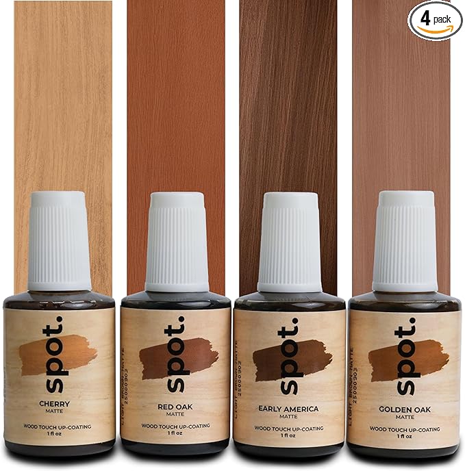 Light Brown Wood Stain Repair Kit, Brush-On Touch-Up Stain Bottles, Golden Oak, Early America, Cherry, Red Oak, Interior and Exterior Wood, 4 fl oz Total by spot.