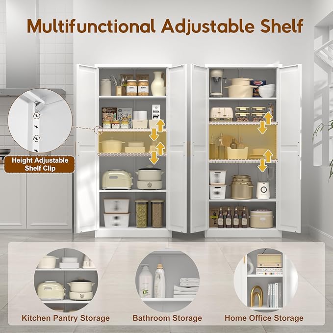 71" Kitchen Pantry Cabinet, Pantry Storage Cabinet with Doors and 4 Shelves, Metal Storage Cabinets for Kitchens, Living Room, Dinning Room, Assembly Required, White