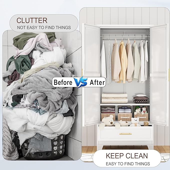 71" H Metal Armoire Wardrobe Closet with Mirror,Household Steel Wardrobe Cabinet with Drawers,Clothing Storage Wardrobe Cabinet with Adjustable Shelves and Hanging Rod for Bedroom（White）