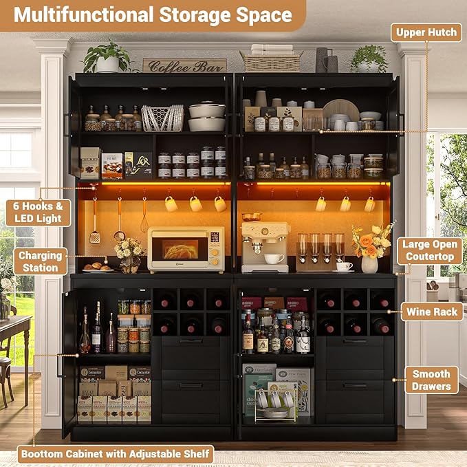 Unikito 72" Tall Pantry Cabinet, Kitchen Pantry Storage Cabinet with LED Light & Outlet, 63" Wide Kitchen Hutch Bar with Microwave Stand, Drawers, Wine Rack & Shelves, Cupboard for Dining Room, White