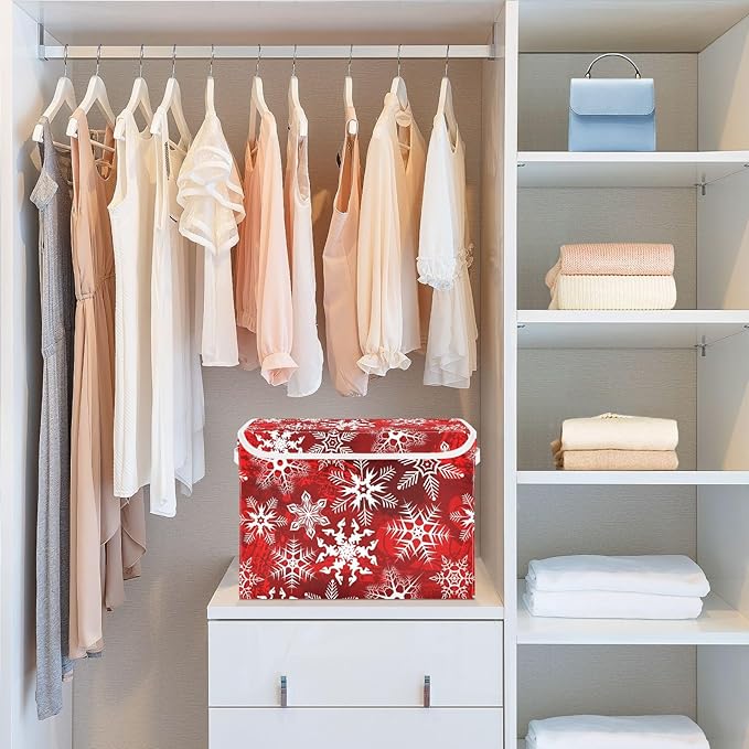 Christmas Baskets Collapsible Storage Bins with Lids, Christmas Red Pattern with Snowflakes Flower Storage Boxes Clothes Baskets for Organizing